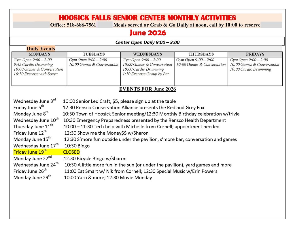 The Hoosick Falls and Grafton Senior Centers have some great activities and menus planned for the month of May. Check out their calendars! Did you know that the Hoosick Falls Senior Center is now offering Monday through Friday van transportation to any Hoosick-area seniors (60+) who would like to come to the Center? Pickup times vary depending on location, starting at 9 am and leaving at approximately 2:30 pm. Reservations are required and can be made by calling 518-686-7561 or signing up at the center.