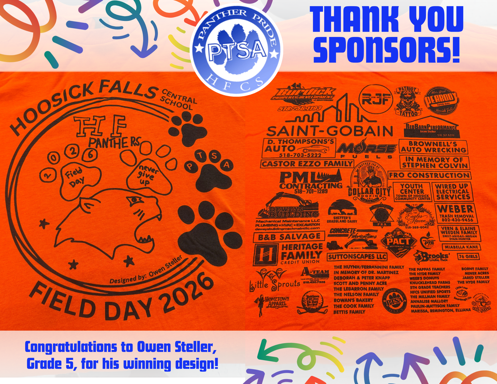 The PTSA would like to send a huge "Thank you!" to all who sponsored our 2026 Field Day T-Shirts! We had an amazing show of support this year from our community. 💙 Congratulations to fifth-grader Owen Steller, for his winning design for the front of all the shirts.