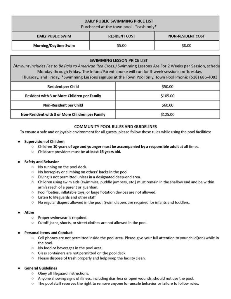 Here is the 2026 Town of Hoosick Pool Membership Price List and Schedule.
