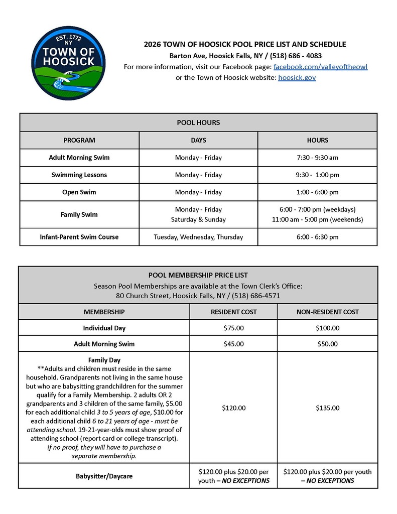 Here is the 2026 Town of Hoosick Pool Membership Price List and Schedule.