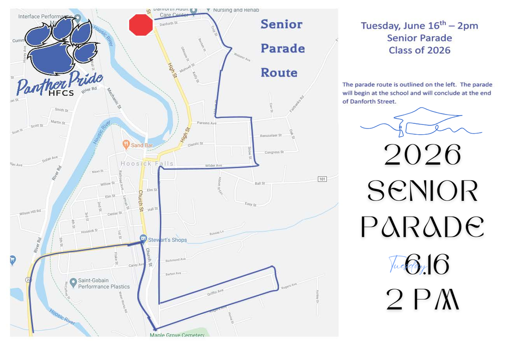 Tomorrow afternoon, our Seniors will be leaving campus as a group one last time! We are so excited to celebrate them. Please see the route for the traditional HFHS Senior Parade through the Village. Students will leave the school beginning at 2:00 pm and follow the predetermined route, ending on Danforth Street.  Feel free to line the streets and cheer our graduates on! *Note- Recreational vehicles are not allowed in the parade. This includes UTVs/side-by-sides, ATVs, dirt bikes, lawn mowers, etc. Thank you to our local law enforcement officers and Village Board for making sure our students have a safe ride. Let’s still make tomorrow unforgettable and send the Class of 2026 out in style!