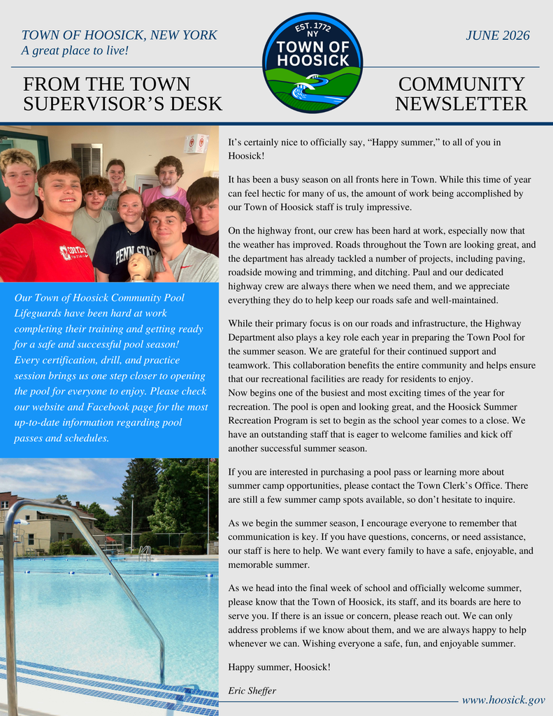 Here is the June 2026 Community Newsletter from the Town Supervisor's desk!