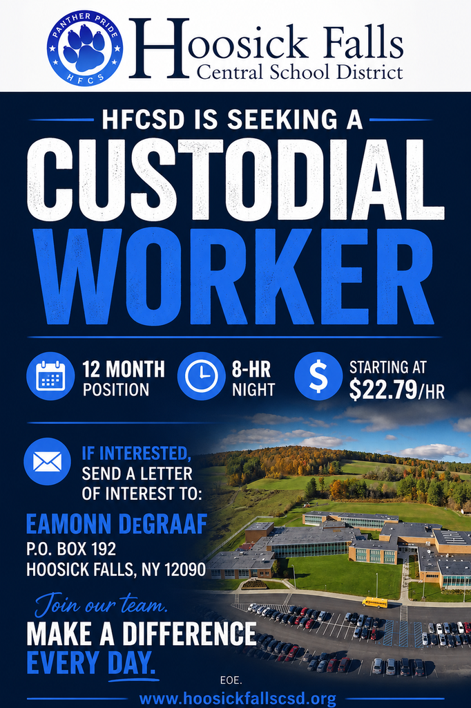 HFCSD is hiring a full-time Custodial Worker for the night shift, and is also looking to fill multiple Substitute Bus Driver positions for the 2026-2027 school year! See the flyers for more details or head on over to our webpage for more information: https://www.hoosickfallscsd.org/o/hfcsd/page/career-opportunities