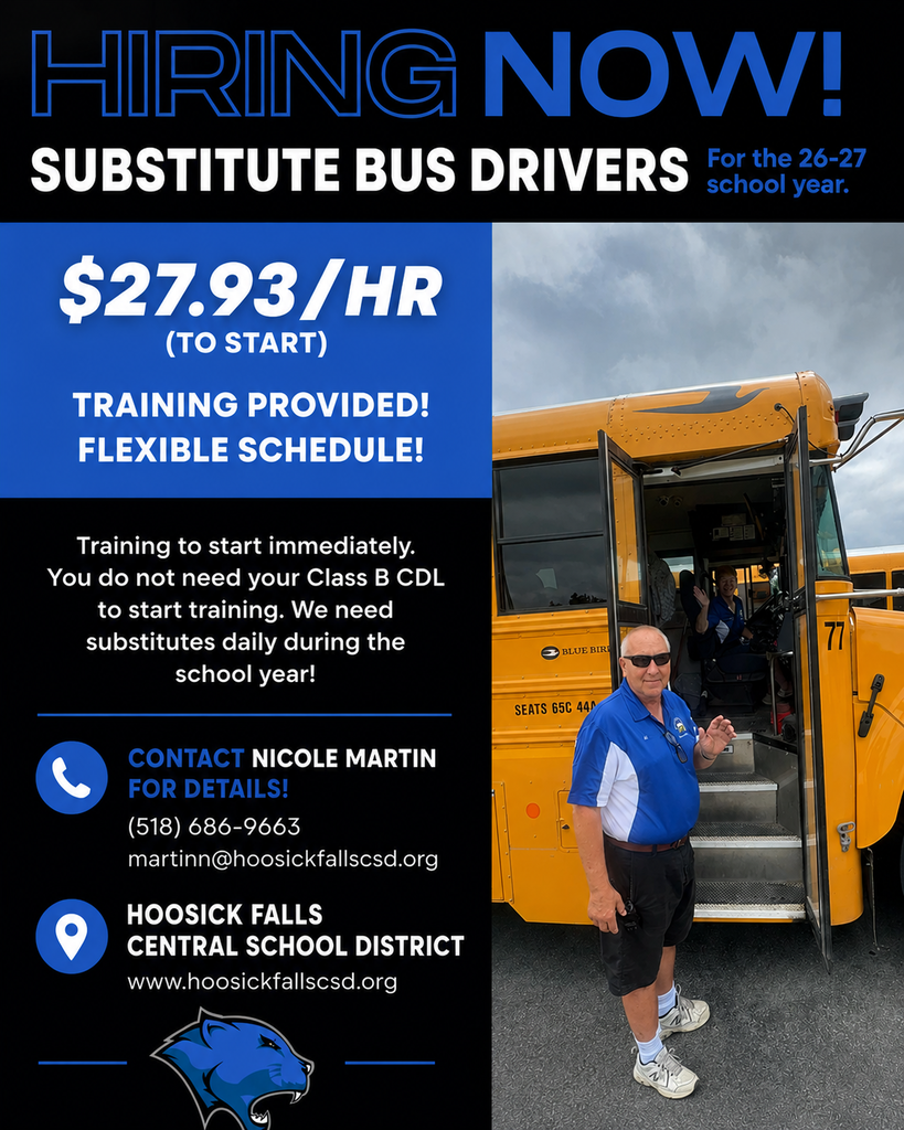 HFCSD is hiring a full-time Custodial Worker for the night shift, and is also looking to fill multiple Substitute Bus Driver positions for the 2026-2027 school year! See the flyers for more details or head on over to our webpage for more information: https://www.hoosickfallscsd.org/o/hfcsd/page/career-opportunities