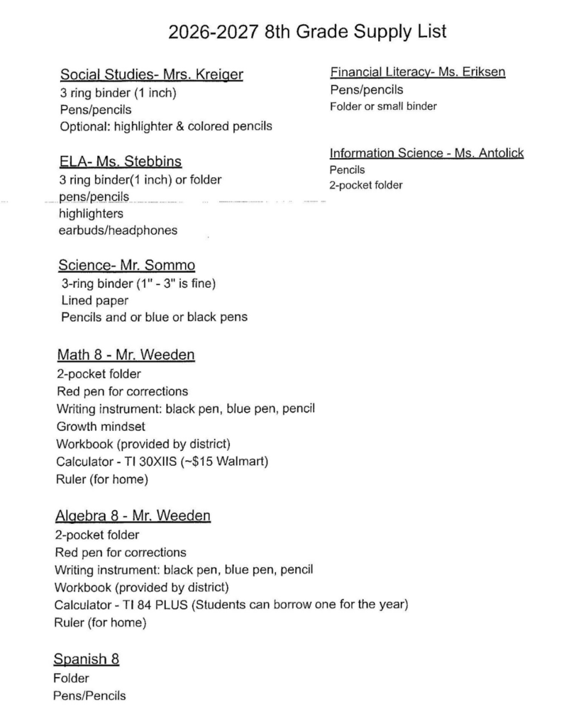 26-27 8th grade supply lists