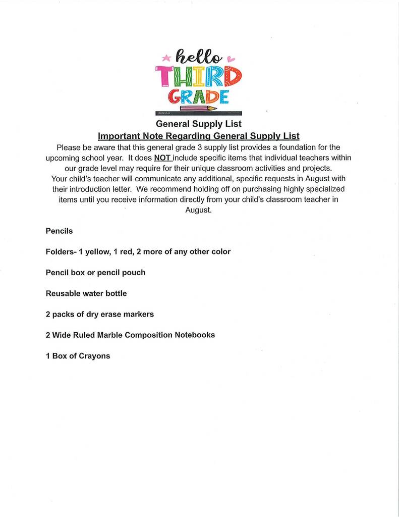 26-27 3rd grade supply lists