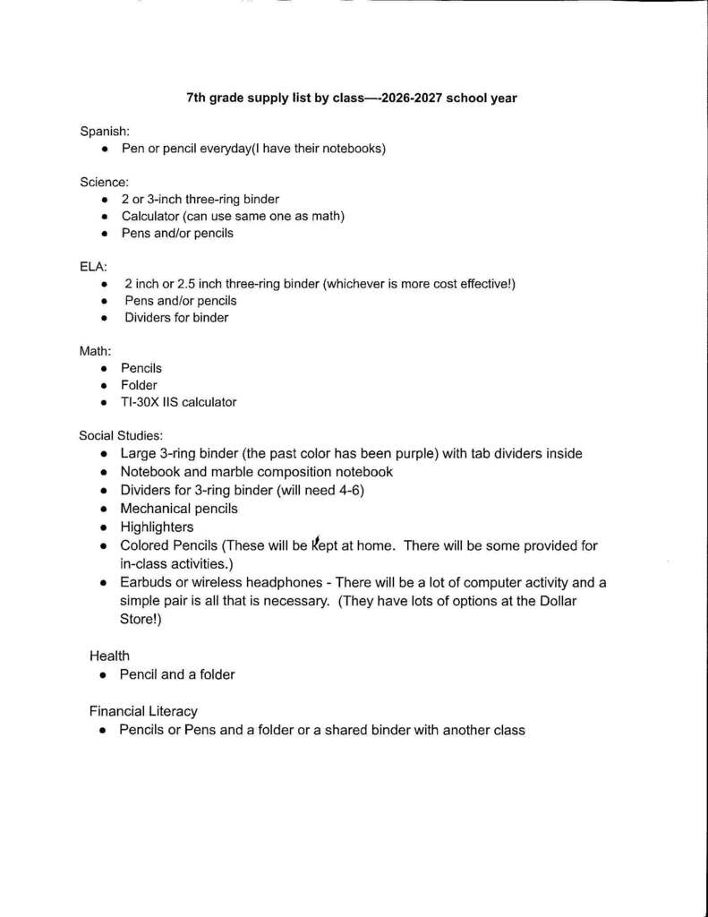 26-27 7th grade supply lists
