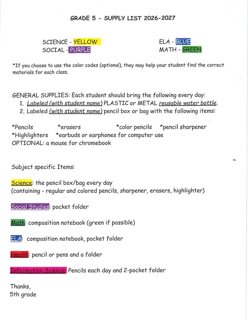 26-27 5th grade supply lists