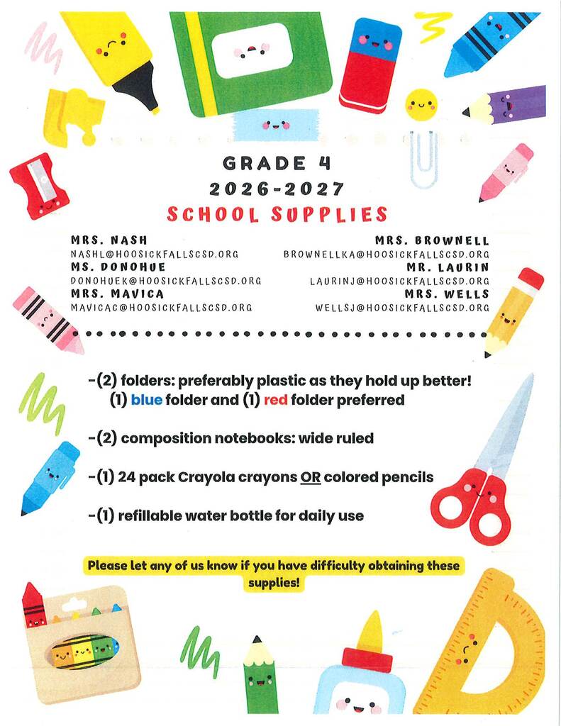 26-27 4th grade supply lists