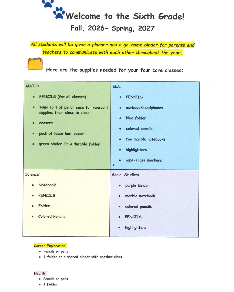 26-27 6th grade supply list