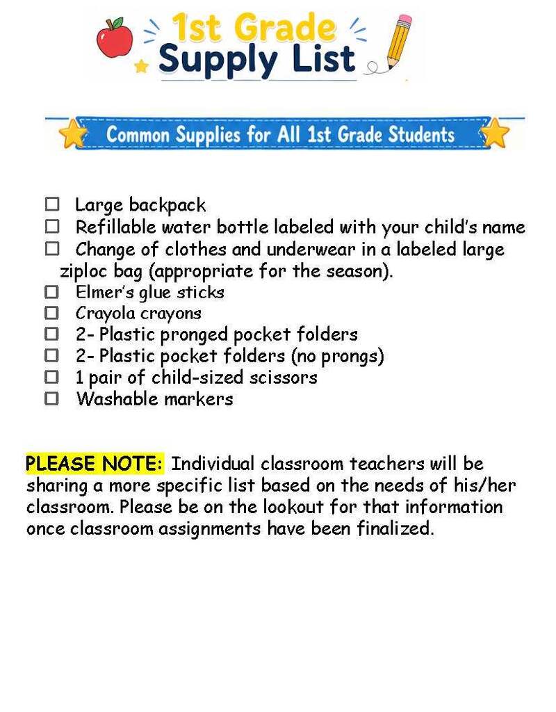 updated 1st grade common supply lists