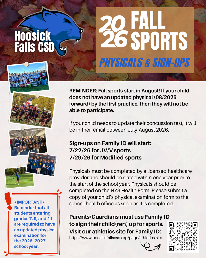 Reminder! Fall Sports sign-ups start today! Visit our athletics site to sign up on Family ID: https://www.hoosickfallscsd.org/page/athletics-site