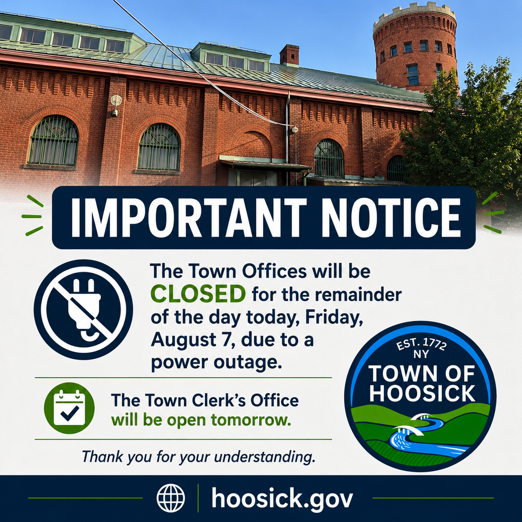The Town Offices will be closed for the remainder of the day today, Friday, August 7, due to a power outage. The Town Clerk's Office will be open tomorrow. Thank you for your understanding.