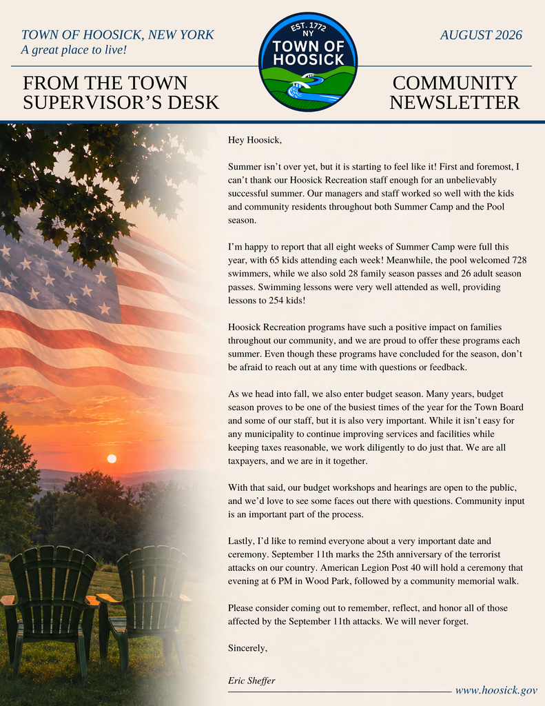 Here is the August 2026 Community Newsletter from the Town Supervisor's desk!
