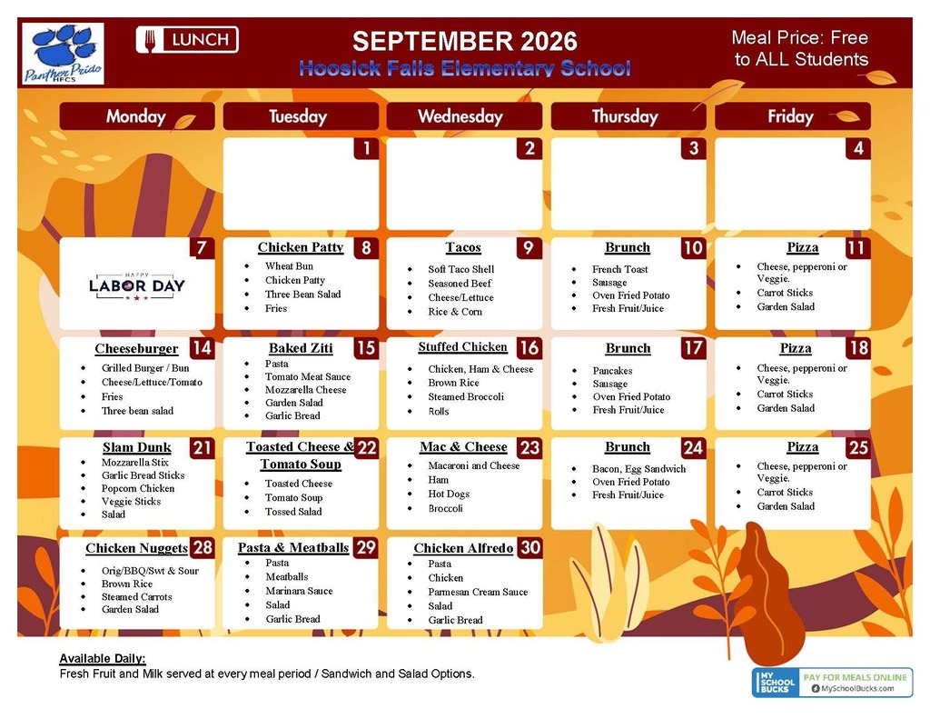 🥗🌮Here are the school menus for September! 🍎🍕As a reminder, the Hoosick Falls Central School District is continuing to offer FREE BREAKFAST AND LUNCH MEALS for all students for the 2026-2027 school year. (Students must take the complete meal, and this does not include any extra items such as snacks, chips, ice cream, drinks, extra pizza slices, etc.) For more information, please visit our cafeteria page: https://www.hoosickfallscsd.org/o/hfcsd/page/cafeteria