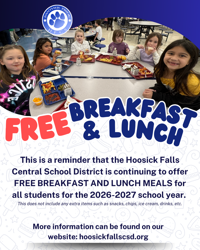🥗🌮Here are the school menus for September! 🍎🍕As a reminder, the Hoosick Falls Central School District is continuing to offer FREE BREAKFAST AND LUNCH MEALS for all students for the 2026-2027 school year. (Students must take the complete meal, and this does not include any extra items such as snacks, chips, ice cream, drinks, extra pizza slices, etc.) For more information, please visit our cafeteria page: https://www.hoosickfallscsd.org/o/hfcsd/page/cafeteria