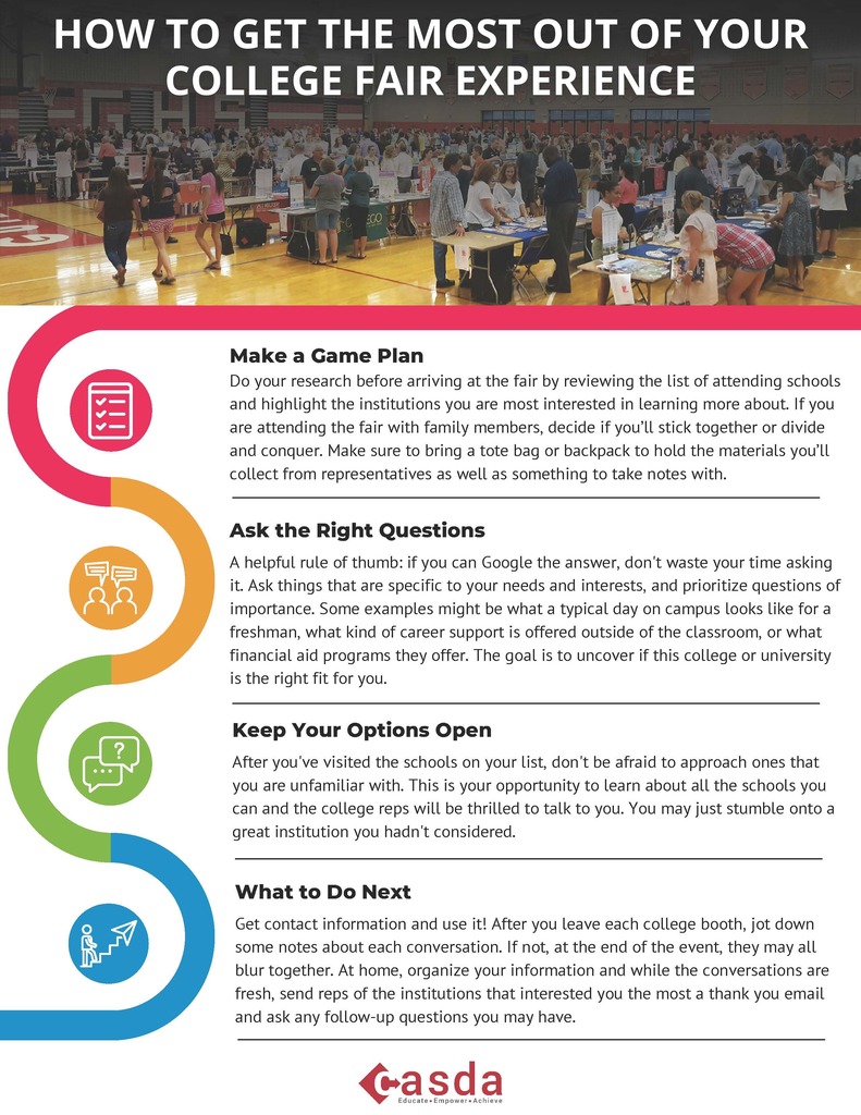 CASDA and the Capital District Counseling Association (CDCA) would like to invite students and their families to our Fall 2026 Regional College Fair at Hudson Valley Community College! This year's fair will be held on Monday, September 14, from 6-8 p.m. Admission is free, as always! Registration is not required.