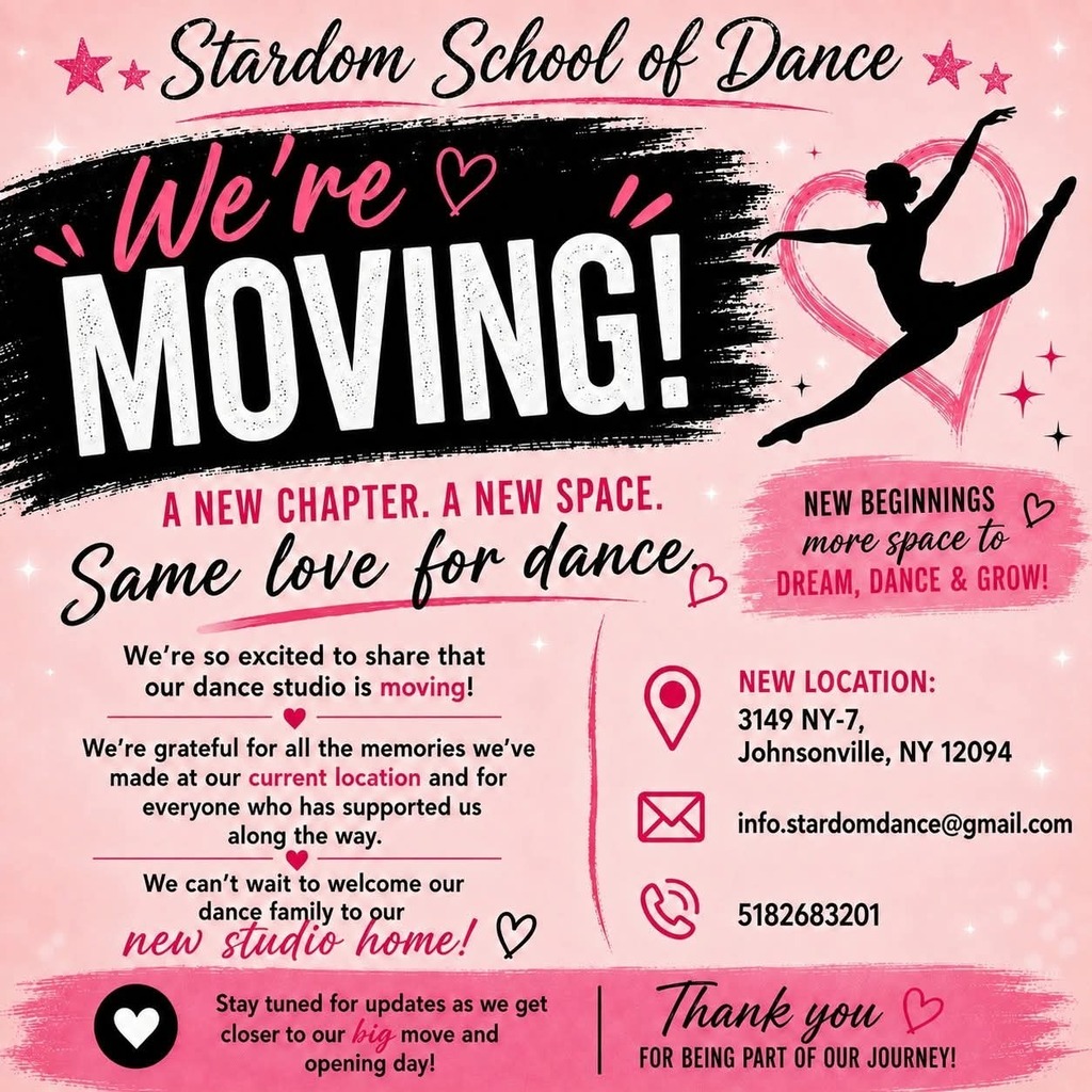 Exciting news for our local families! 🩰✨Looking for a dance studio right in our backyard? Stardom School of Dance has moved even closer to home at 3149 NY-7! Whether your child is just starting out or ready to take their skills to the next level, they offer a fun, supportive environment for ages 2.5 and up. Class Offerings: 🤸 Tumbling & Rec Dance 🩰 Ballet, Tap & Lyrical 👟 Hip Hop 🏆 Competitive Dance Opportunities 📅 Flexible Schedules: Weeknight and Saturday morning classes are available to fit busy family routines! Ready to leap into the new season? 📞 Call Nanette Garmley: 518-268-3201 📧 Email: info.stardomdance@gmail.com Help us welcome them to the neighborhood—share this with a parent who might be looking for fall activities!