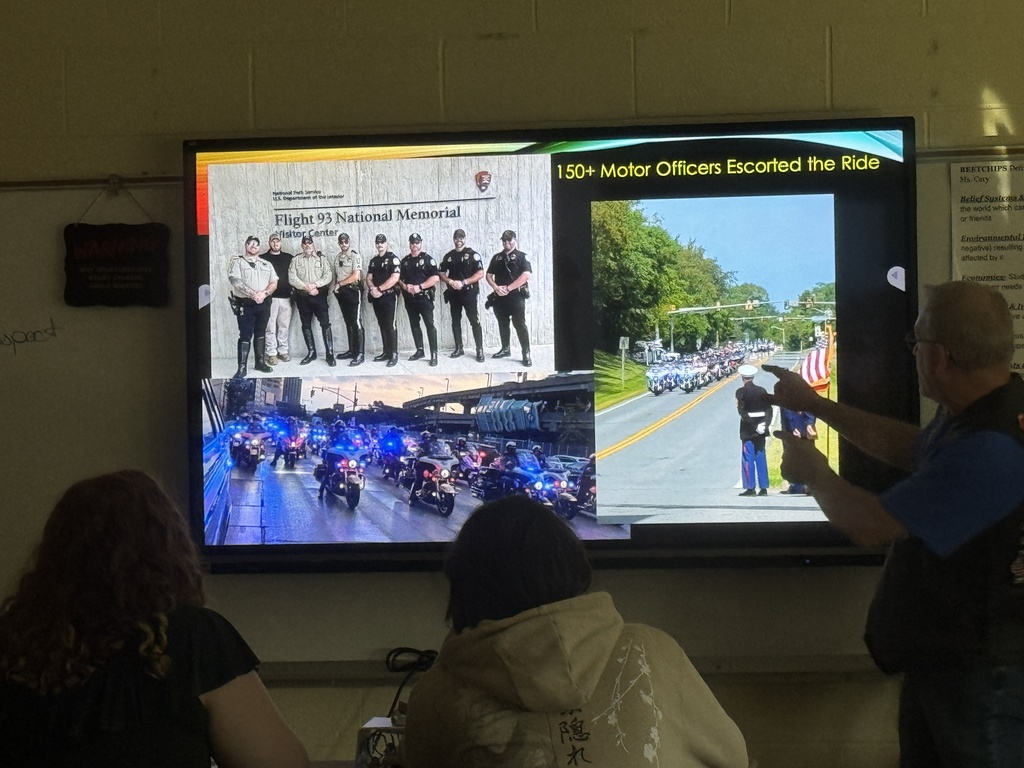 Today, Ms. Cary’s high school social studies classes welcomed a few very special guests from our community. Hoosick Falls locals Steve Weingold, Donna McCabe, and Joyce Brewer visited HFCS to speak with students on behalf of Chapter 53 of the Red Knights, an international firefighter-related motorcycle club. Each year, a team of 20 to 30 Red Knights from Upstate New York takes part in the America’s 911 Foundation 9/11 Motorcycle Ride. This is a poignant 3-day journey that begins near the United Flight 93 Memorial in Shanksville, PA, continues to the Pentagon, and finishes at Ground Zero. Steve, Donna, and Joyce shared their personal experiences on the ride, as well as the important mission behind it: honoring the victims and heroes of September 11, supporting law enforcement agencies, and raising scholarship funds for the children of active-duty first responders. Thank you to Steve, Donna, and Joyce for taking the time to share these powerful stories with our students, ensuring the lessons and memories of 9/11 live on in the next generation. 💙🐾