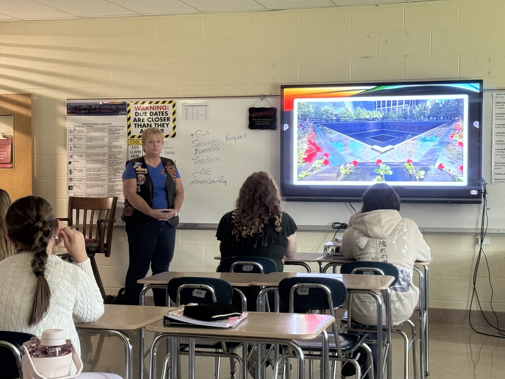 Today, Ms. Cary’s high school social studies classes welcomed a few very special guests from our community. Hoosick Falls locals Steve Weingold, Donna McCabe, and Joyce Brewer visited HFCS to speak with students on behalf of Chapter 53 of the Red Knights, an international firefighter-related motorcycle club. Each year, a team of 20 to 30 Red Knights from Upstate New York takes part in the America’s 911 Foundation 9/11 Motorcycle Ride. This is a poignant 3-day journey that begins near the United Flight 93 Memorial in Shanksville, PA, continues to the Pentagon, and finishes at Ground Zero. Steve, Donna, and Joyce shared their personal experiences on the ride, as well as the important mission behind it: honoring the victims and heroes of September 11, supporting law enforcement agencies, and raising scholarship funds for the children of active-duty first responders. Thank you to Steve, Donna, and Joyce for taking the time to share these powerful stories with our students, ensuring the lessons and memories of 9/11 live on in the next generation. 💙🐾