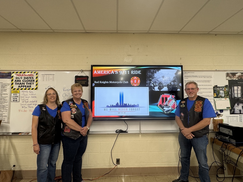 Today, Ms. Cary’s high school social studies classes welcomed a few very special guests from our community. Hoosick Falls locals Steve Weingold, Donna McCabe, and Joyce Brewer visited HFCS to speak with students on behalf of Chapter 53 of the Red Knights, an international firefighter-related motorcycle club. Each year, a team of 20 to 30 Red Knights from Upstate New York takes part in the America’s 911 Foundation 9/11 Motorcycle Ride. This is a poignant 3-day journey that begins near the United Flight 93 Memorial in Shanksville, PA, continues to the Pentagon, and finishes at Ground Zero. Steve, Donna, and Joyce shared their personal experiences on the ride, as well as the important mission behind it: honoring the victims and heroes of September 11, supporting law enforcement agencies, and raising scholarship funds for the children of active-duty first responders. Thank you to Steve, Donna, and Joyce for taking the time to share these powerful stories with our students, ensuring the lessons and memories of 9/11 live on in the next generation. 💙🐾