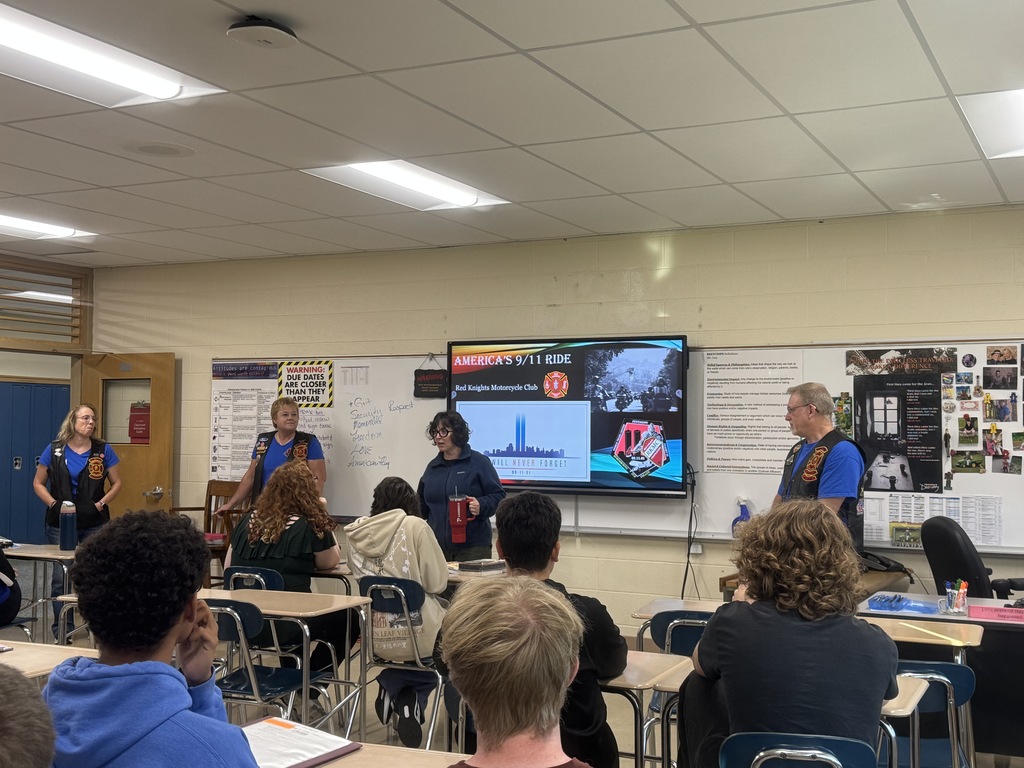 Today, Ms. Cary’s high school social studies classes welcomed a few very special guests from our community. Hoosick Falls locals Steve Weingold, Donna McCabe, and Joyce Brewer visited HFCS to speak with students on behalf of Chapter 53 of the Red Knights, an international firefighter-related motorcycle club. Each year, a team of 20 to 30 Red Knights from Upstate New York takes part in the America’s 911 Foundation 9/11 Motorcycle Ride. This is a poignant 3-day journey that begins near the United Flight 93 Memorial in Shanksville, PA, continues to the Pentagon, and finishes at Ground Zero. Steve, Donna, and Joyce shared their personal experiences on the ride, as well as the important mission behind it: honoring the victims and heroes of September 11, supporting law enforcement agencies, and raising scholarship funds for the children of active-duty first responders. Thank you to Steve, Donna, and Joyce for taking the time to share these powerful stories with our students, ensuring the lessons and memories of 9/11 live on in the next generation. 💙🐾