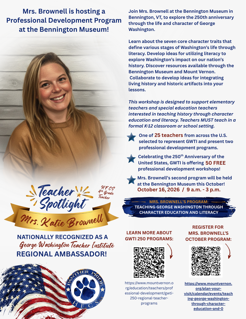🎉 Congratulations to Mrs. Brownell! 👏Mrs. Brownell's second professional development program as a George Washington Teacher Institute Regional Ambassador is coming right up in October! 📚 Teaching George Washington Through Character Education and Literacy. Register today: https://www.mountvernon.org/plan-your-visit/calendar/events/teaching-george-washington-through-character-education-and-0