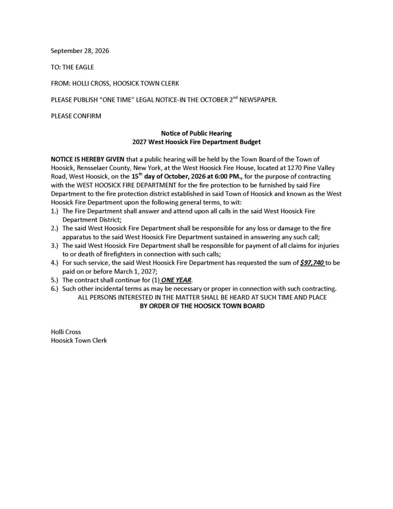 west hoosick fire department public notice