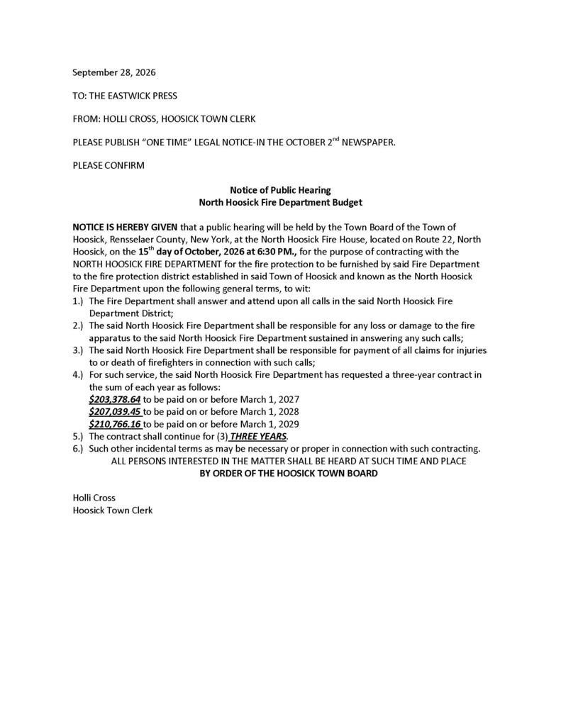 north hoosick fire department public notice