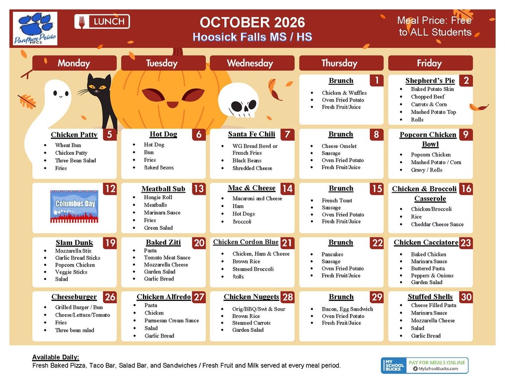 middle school/high school lunch menu october 26