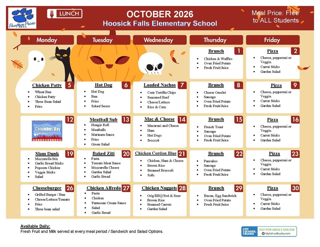 elementary school lunch menu october 26