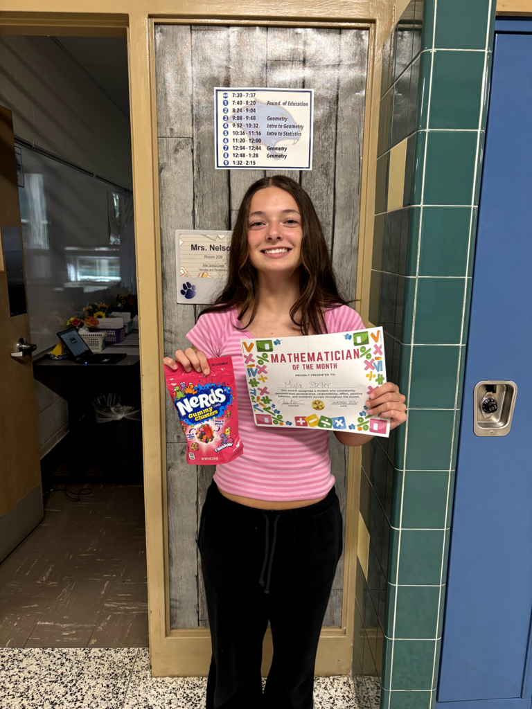 📐 Mathematician of the Month & First Day Fun! 📏Congratulations to the September Mathematician of the Month awardees from Mrs. Nelson's high school math classes! 👏🎉Regents Geometry: Laney Kasulinous, Aurora Ferraro, & Myla Steller; Intro to Geometry: Makayla Wiggins; Stats/Probability: Ryan Sparks.  To kick off the school year, Mrs. Nelson's Geometry students also jumped into a hands-on Spaghetti & Marshmallow Building Contest! 🍝🍡 Check out the awesome teamwork, problem-solving, and creative towers they built on day one. Thanks for sharing, Mrs. Nelson!🐾