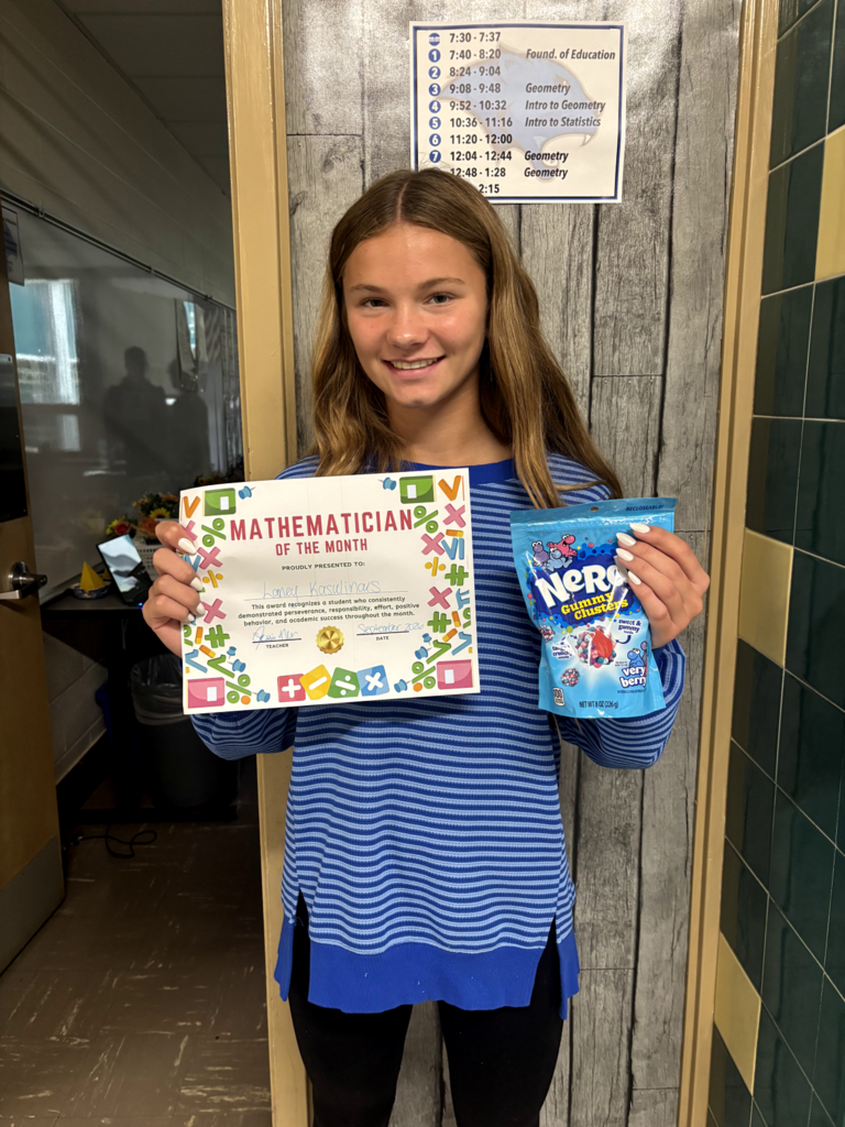 📐 Mathematician of the Month & First Day Fun! 📏Congratulations to the September Mathematician of the Month awardees from Mrs. Nelson's high school math classes! 👏🎉Regents Geometry: Laney Kasulinous, Aurora Ferraro, & Myla Steller; Intro to Geometry: Makayla Wiggins; Stats/Probability: Ryan Sparks.  To kick off the school year, Mrs. Nelson's Geometry students also jumped into a hands-on Spaghetti & Marshmallow Building Contest! 🍝🍡 Check out the awesome teamwork, problem-solving, and creative towers they built on day one. Thanks for sharing, Mrs. Nelson!🐾