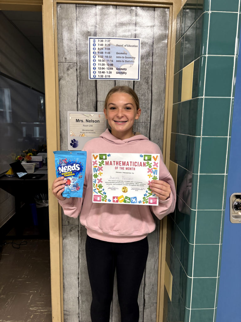 📐 Mathematician of the Month & First Day Fun! 📏Congratulations to the September Mathematician of the Month awardees from Mrs. Nelson's high school math classes! 👏🎉Regents Geometry: Laney Kasulinous, Aurora Ferraro, & Myla Steller; Intro to Geometry: Makayla Wiggins; Stats/Probability: Ryan Sparks.  To kick off the school year, Mrs. Nelson's Geometry students also jumped into a hands-on Spaghetti & Marshmallow Building Contest! 🍝🍡 Check out the awesome teamwork, problem-solving, and creative towers they built on day one. Thanks for sharing, Mrs. Nelson!🐾