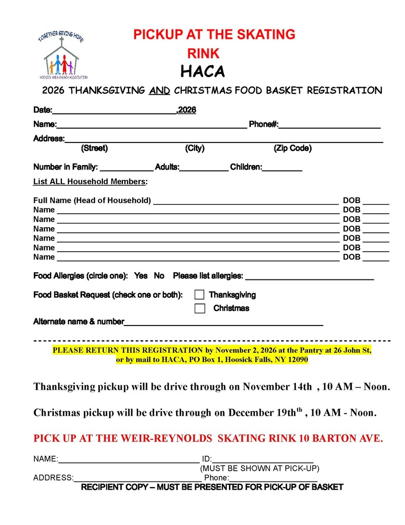 💙 HOLIDAY FOOD ASSISTANCE FOR HFCS FAMILIES 💙 Families needing support this holiday season can sign up for Thanksgiving and Christmas food baskets provided by the Hoosick Area Church Association (HACA) Food Pantry!  📄 How to Apply: Complete the application form (attached here and available on our website) and return it directly to HACA, or turn it in to Mrs. Irwin or Mrs. Shea at school by Friday, October 31.  🤝 Additional Food Resources: Looking for ongoing food support? (See the flyer for a complete list.) Local resources include:  • HACA Food Pantry (Hoosick Falls): (518) 686-5310 • HFCSD Free & Reduced Lunch Program: (518) 686-9492 ext. 1708 • Cambridge Food Pantry: (518) 677-7172 • Pittstown Area Food Pantry: (518) 663-5628