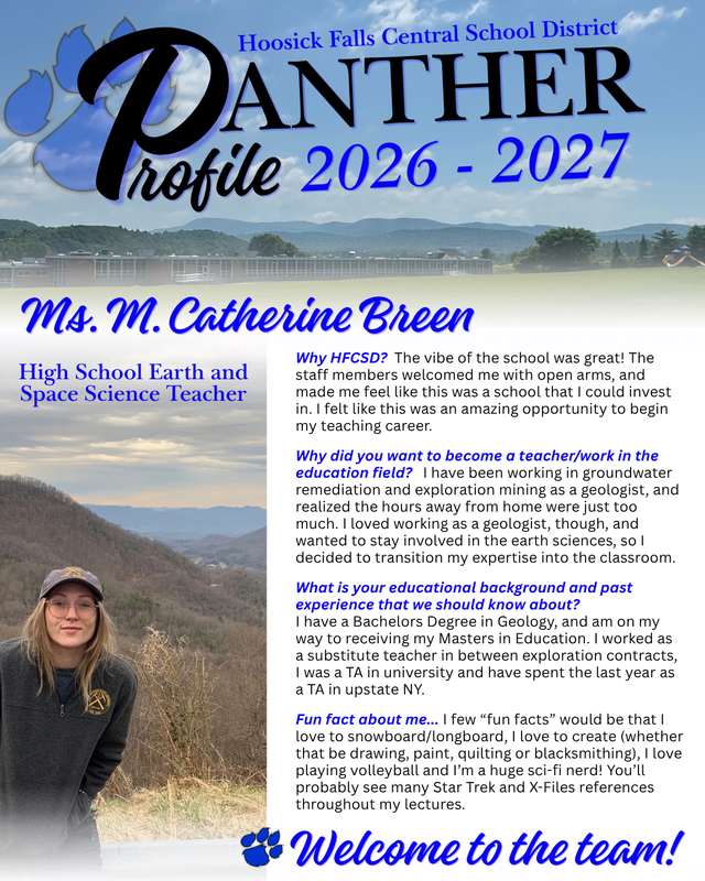 Help us give a warm welcome to today’s featured Panther, high school science teacher Ms. M. Catherine Breen. 🐾