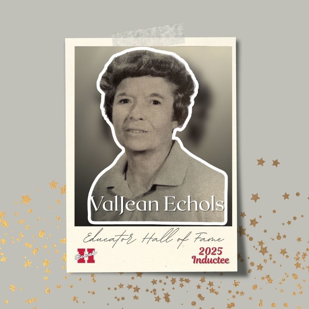 Vintage black-and-white portrait of ValJean Echols with short, dark hair, wearing a collared shirt. The image is framed with a cream-colored border that reads ‘ValJean Echols — Educator Hall of Fame 2025 Inductee.’ Gold star accents decorate the background.”