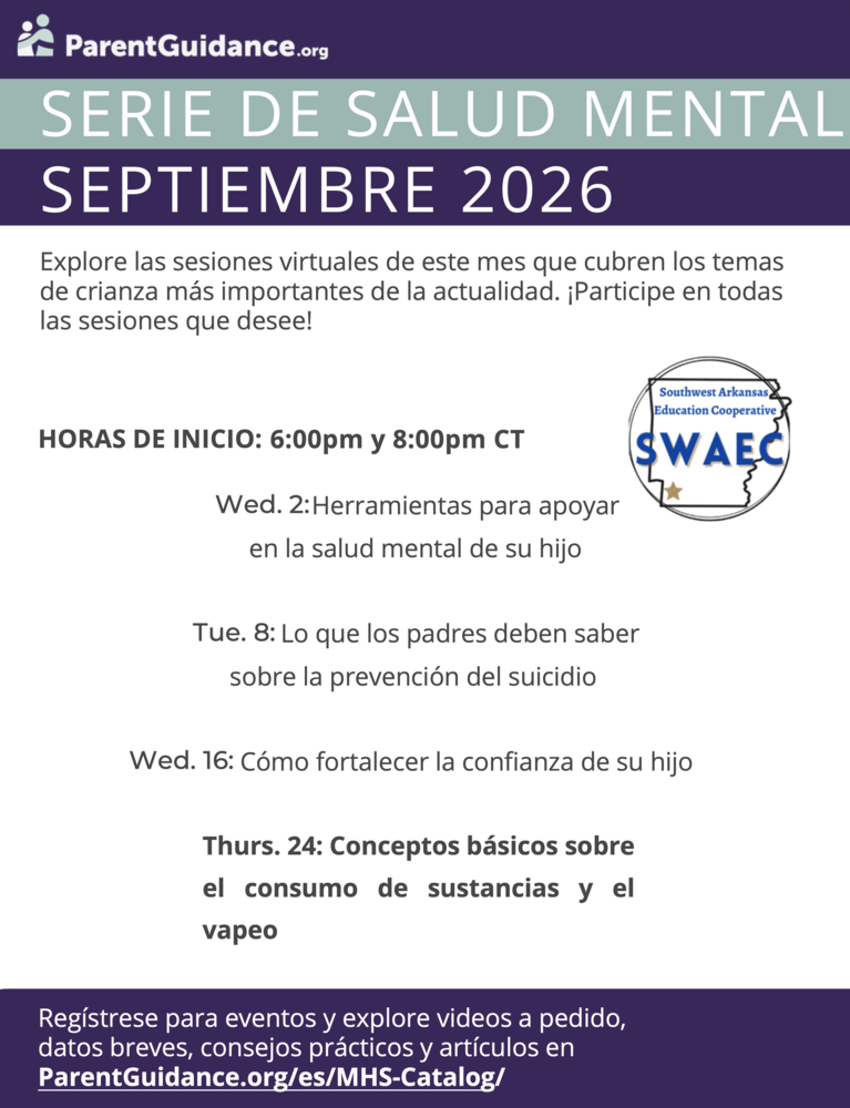 Las familias de Hope Public Schools están invitadas a participar en la Serie de Salud Mental de septiembre de 2026, ofrecida a travĂ©s de ParentGuidance.org. Durante el mes de septiembre, las familias tendrán acceso a sesiones virtuales en español que abordan temas importantes relacionados con la salud mental, el bienestar y la crianza de los hijos. Las sesiones se ofrecen a las 6:00 p.m. y 8:00 p.m. CT. Las sesiones en español programadas para septiembre incluyen: MiĂ©rcoles, 2 de septiembre: Herramientas para apoyar en la salud mental de su hijo Martes, 8 de septiembre: Lo que los padres deben saber sobre la prevenciĂłn del suicidio MiĂ©rcoles, 16 de septiembre: CĂłmo fortalecer la confianza de su hijo Jueves, 24 de septiembre: Conceptos básicos sobre el consumo de sustancias y el vapeo Las familias pueden participar en todas las sesiones que deseen. ParentGuidance.org tambiĂ©n ofrece acceso a videos a pedido, datos breves, consejos prácticos y artĂculos para ayudar a las familias a encontrar informaciĂłn y recursos adicionales. Para registrarse en las sesiones y explorar los recursos disponibles en español, visite: ParentGuidance.org/es/MHS-Catalog/ Hope Public Schools anima a nuestras familias a conocer y aprovechar estos recursos disponibles durante el mes de septiembre.