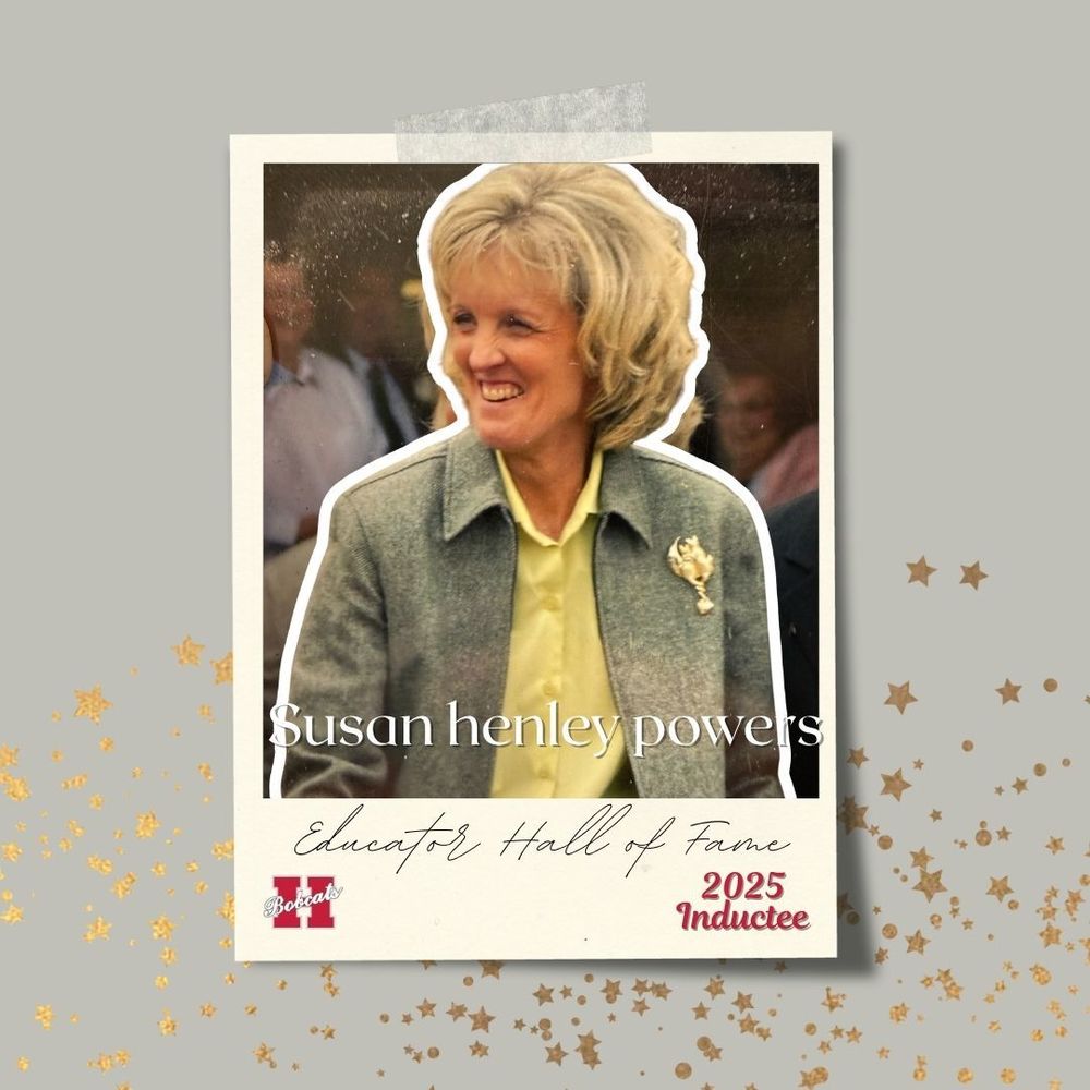 “Portrait of Susan Henley Powers smiling and looking to the side, wearing a light green blouse and a gray jacket with a brooch. The image is framed with a cream-colored border that reads ‘Susan Henley Powers — Educator Hall of Fame 2025 Inductee.’ Gold star accents decorate the background.”