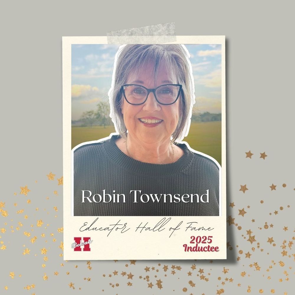 “Portrait of Robin Townsend smiling outdoors with a soft background of trees and sky. She is wearing glasses and a dark sweater. The image is framed with a cream-colored border that reads ‘Robin Townsend — Educator Hall of Fame 2025 Inductee.’ Gold star accents decorate the background.”