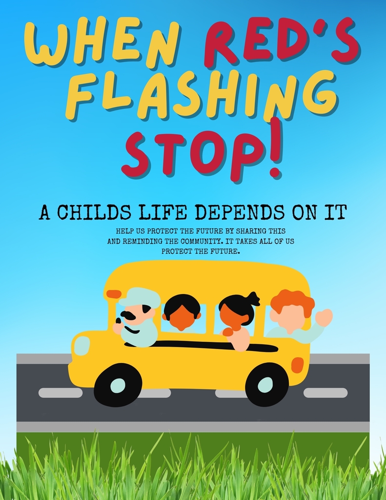 Illustration of a yellow school bus with children waving inside. Text reads: “When Red’s Flashing Stop! A Child’s Life Depends on It.” The image reminds drivers to stop when a school bus’s red lights are flashing to protect children’s safety.