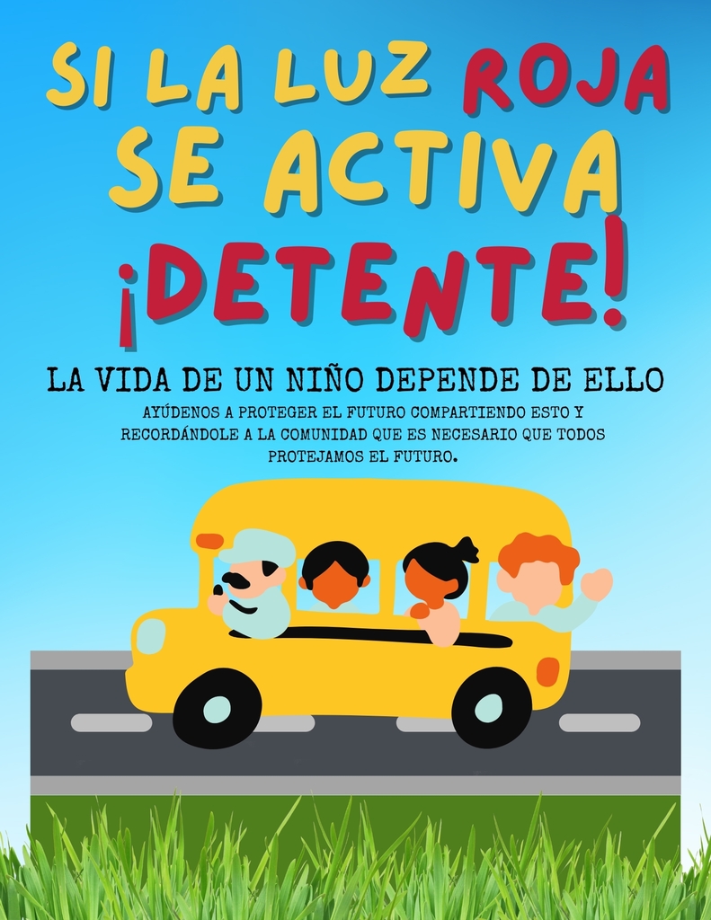 Ilustración de un autobús escolar amarillo con un conductor y tres niños saludando desde las ventanas. El fondo es un cielo azul y césped verde. En la parte superior se lee en letras grandes: 'Si la luz roja se activa ¡Detente!' seguido del mensaje: 'La vida de un niño depende de ello. Ayúdenos a proteger el futuro compartiendo esto y recordándole a la comunidad que es necesario que todos protejamos el futuro.'