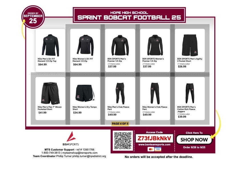 Hope High School Sprint Bobcat Football 25 Spirit Shop flyer featuring long-sleeve t-shirts and fleece hoodies from Nike and BSN Sports in red, gray, and black with Bobcat graphics. Prices range from $24.99 to $54.99. Deadline highlighted as “Order by September 25.” Bottom banner shows QR code, access code Z73fJBkNkV, and “Shop Now” button.