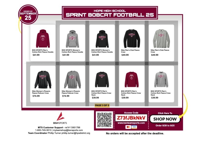 Hope High School Sprint Bobcat Football 25 Spirit Shop flyer displaying hoodies, pullovers, and crewnecks in black, gray, and red. Includes men’s and women’s options from Nike and BSN Sports with Bobcat logos. Prices range from $39.99 to $74.99. Red circle highlights “Order by September 25.” Bottom banner includes QR code, access code Z73fJBkNkV, and “Shop Now” button.