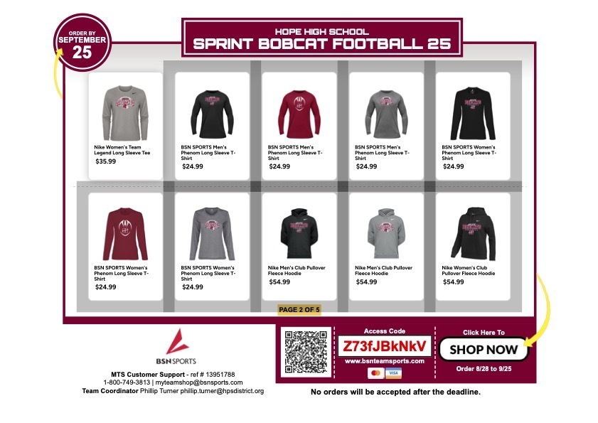 Flyer for Hope High School Sprint Bobcat Football 25 Spirit Shop. Features Nike and BSN Sports short-sleeve and long-sleeve t-shirts in red, gray, and black with Bobcat logos. Prices range from $19.99 to $35.99. Red circle highlights deadline “Order by September 25.” Bottom banner includes QR code, access code Z73fJBkNkV, and “Shop Now” button. Note reads: “No orders will be accepted after the deadline.”