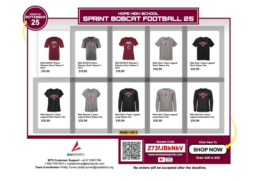Hope High School Sprint Bobcat Football 25 Spirit Shop flyer featuring athletic apparel including Nike Dri-FIT ½ zip tops, fleece pants, tempo shorts, and BSN Sports joggers. Items in black and gray with Bobcat logo. Prices range from $26.99 to $64.99. Order deadline shown as “September 25.” Bottom banner displays QR code, access code Z73fJBkNkV, and “Shop Now” button.