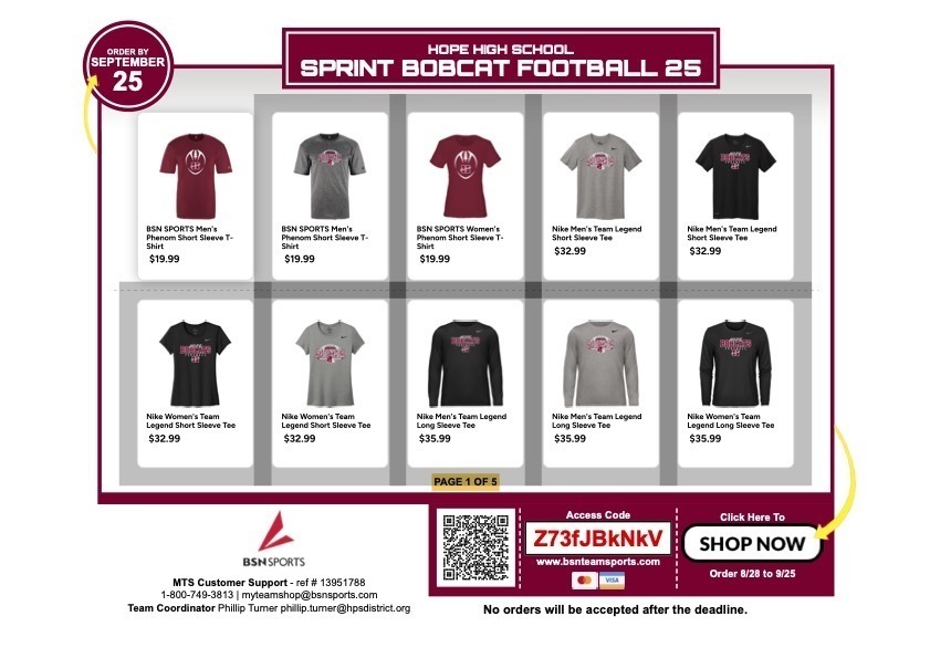 Hope High School Sprint Bobcat Football 25 Spirit Shop flyer featuring athletic apparel including Nike Dri-FIT ½ zip tops, fleece pants, tempo shorts, and BSN Sports joggers. Items in black and gray with Bobcat logo. Prices range from $26.99 to $64.99. Order deadline shown as “September 25.” Bottom banner displays QR code, access code Z73fJBkNkV, and “Shop Now” button.