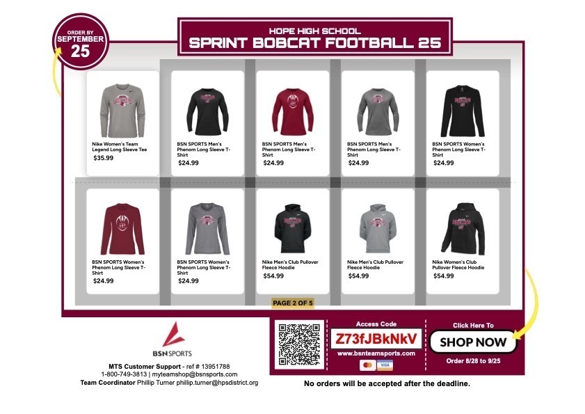 Flyer for Hope High School Sprint Bobcat Football 25 Spirit Shop. Features Nike and BSN Sports short-sleeve and long-sleeve t-shirts in red, gray, and black with Bobcat logos. Prices range from $19.99 to $35.99. Red circle highlights deadline “Order by September 25.” Bottom banner includes QR code, access code Z73fJBkNkV, and “Shop Now” button. Note reads: “No orders will be accepted after the deadline.”