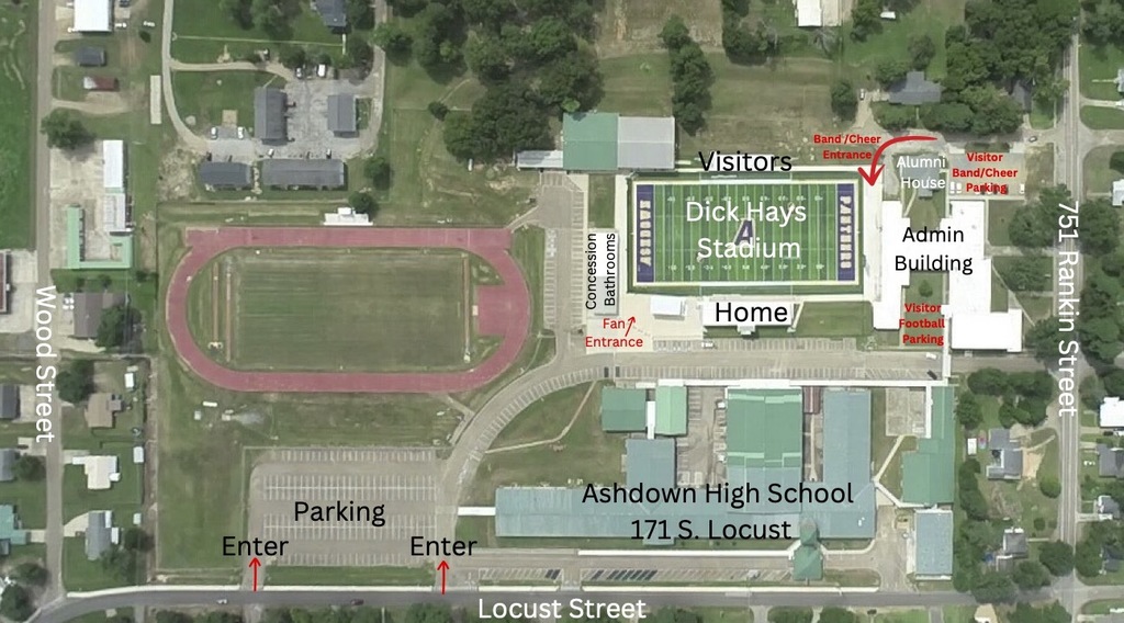 Aerial map of Ashdown High School and Dick Hays Stadium. Visitor seating labeled on the north side, home seating on the south side. Fan entrance marked near the west end of the stadium. Visitor band and cheer entrance and parking marked near the admin building by 751 Rankin Street. Main parking lots and two vehicle entrances marked along Locust Street at the south edge of campus. Concessions and bathrooms labeled on the home side.