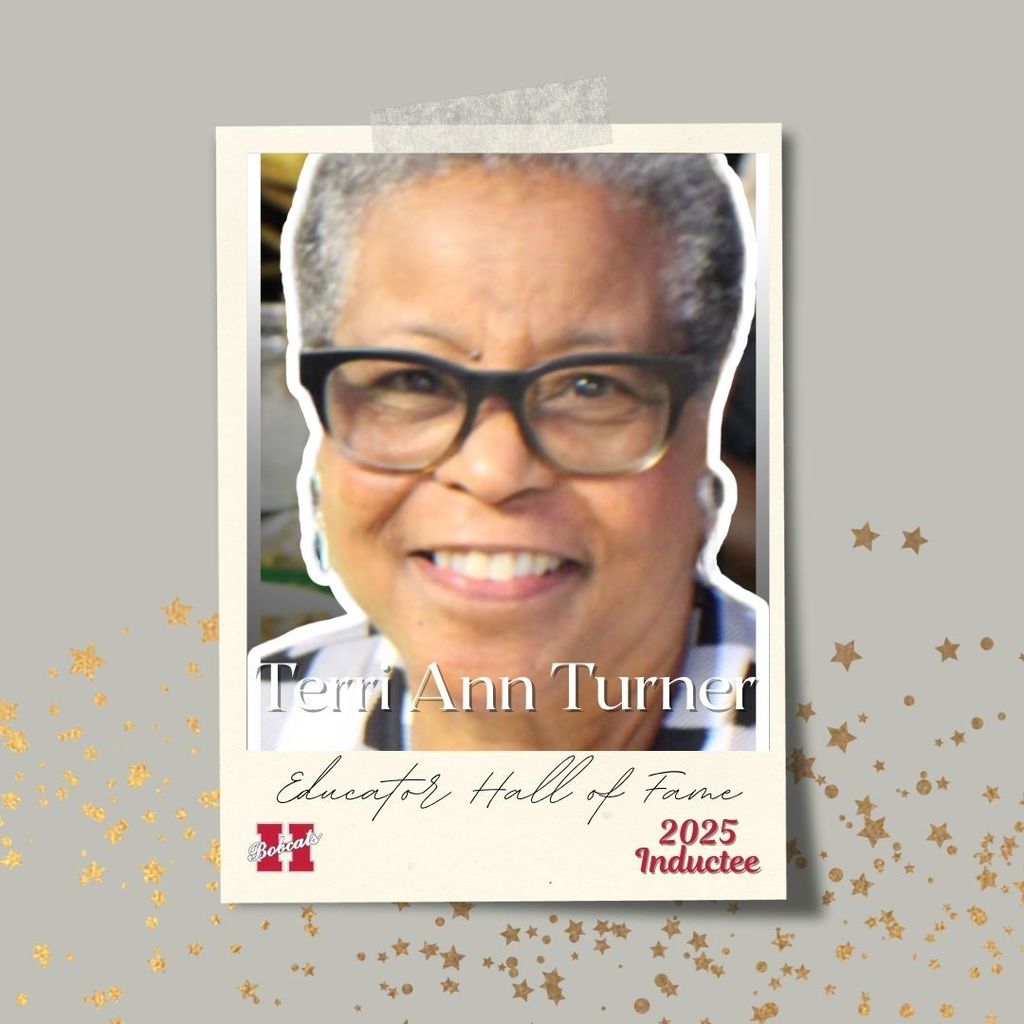 Close-up portrait of Terri Ann Turner smiling warmly, wearing dark-framed glasses. The image is framed with a cream-colored border that reads โTerri Ann Turner โ Educator Hall of Fame 2025 Inductee.โ Gold star accents decorate the background.โ
